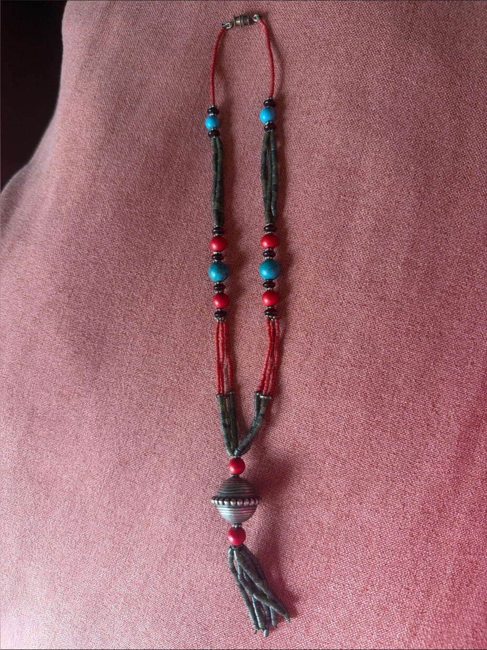 Handcrafted Red & Turquoise Beaded Tassel Necklace